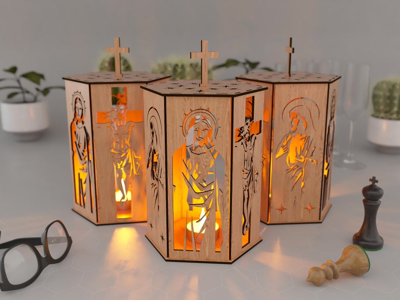 Jesus and Holy pilgrim, Night Light, Lamp Shade, Table Candle, Holder SVG, Wooden Hanging Decoration Lantern, Laser Cut, image 4