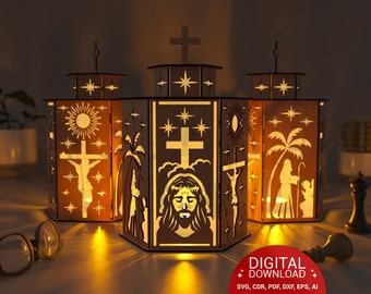 JESUS and Holy PILGRIM, Night Light, Lamp Shade, Table Candle, Wooden Hanging Decoration Lantern, Laser Cut, Holder, Svg, Dxf, Ai, Eps, Cdr,