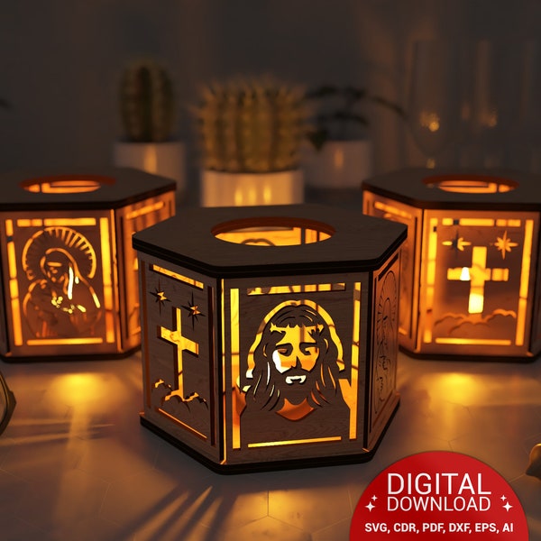 Jesus, Virgin Mary and Holy pilgrim, Night Light, Lamp Shade, Table Candle, Holder SVG, Wooden Hanging Decoration Lantern, Laser Cut