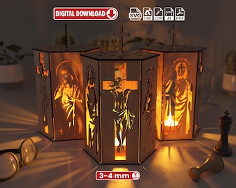 Candelabro de cruz cristiana SVG / Archivo de corte láser para centro de mesa religioso / Farol de crucifijo de madera para Glowforge / Decoración de Pascua y Navidad