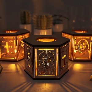 Jesus, Virgin Mary and Holy pilgrim, Night Light, Lamp Shade, Table Candle, Holder SVG, Wooden Hanging Decoration Lantern, Laser Cut zdjęcie 3