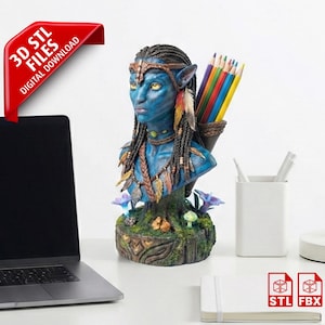 Blue Alien Princess Pencil Holder STL - Cosmic Jungle Warrior Desk Organizer - Tribal Exotic Huntress 3D Print Model - Digital File