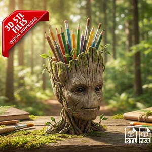 May include: A detailed, wood-textured sculpture of a Groot-like character holding pencils and paintbrushes. The sculpture is on a wooden surface with moss and leaves, with a forest background. The image includes a red banner that says "3D STL FILES DIGITAL DOWNLOAD."
