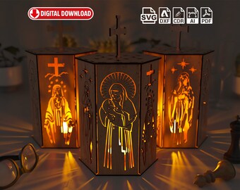 Virgen María y Santo Peregrino, Luz Nocturna, Pantalla de Lámpara, Vela de Mesa, Portavelas SVG, Linterna de Decoración Colgante de Madera, Corte Láser,