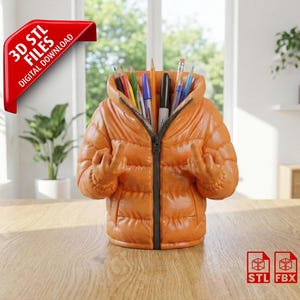 Rolig långfingerpennahållare STL - Rude Orange Parka-karaktär - 3D-utskriftsmodell - Nyhet Skrivbordsorganisatör - Digital nedladdning Gaggåva