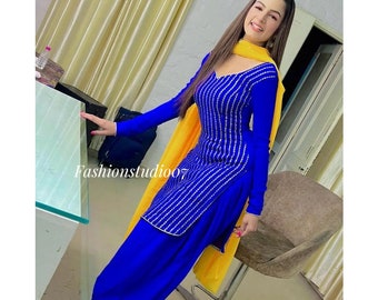 パンジャビ スーツ 3点　アナルカリ　イエロー/ブルー パンジャビ スーツ 3点 アナルカリ イエロー⁄ブルー