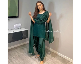 Traditional Mehendi Outfit for Women Salwar Kameez with Dupatta Set, Punjabi Patiala Suit, Kurti Shalwar Set, Women 3 PC Green Patiyala Suit