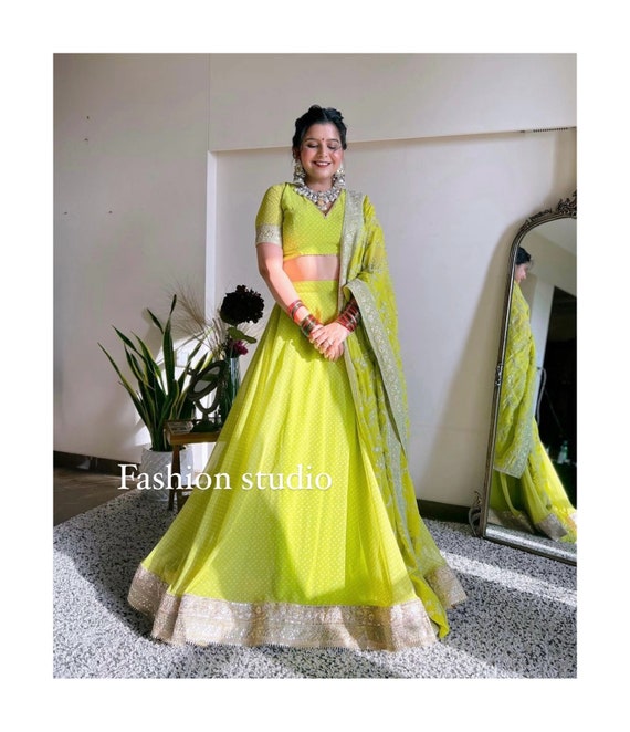 Georgette Neon Green Printed Lehenga Wedding Party Wear Lehenga Choli Dupatta Custom Stitched Lengha for Girls Women Made to Measure Dress