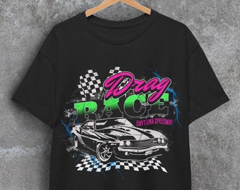 Vintage Retro 90s Racing Daytona Drag Racing Grand Prix Oversize Graphic Tee Shirt. Rare Inspired F1 Neon 80s Green Pink Grid Flags T-Shirt