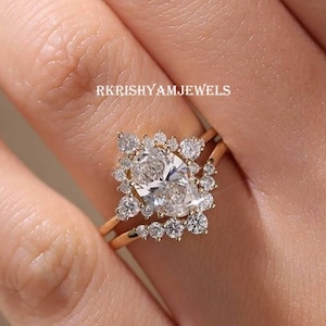 3CT Oval Moissanite Diamond Bridal Set Oval Cut Engagement Ring with Matching Round Diamond Band Hidden Halo Dainty Moissanite Ring Set