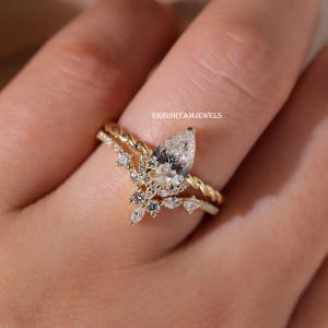 2.50 CT Pear Cut Moissanite Stone Engagement Ring With Marquise Band Bridal Wedding Ring Set Anniversary Ring Set For Her