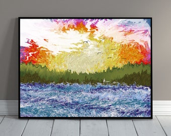 May include: Abstract painting of a colorful sunset over a body of water. The sky is a mix of pink, orange, yellow, and white, with a few birds flying overhead. The water is a deep blue with white waves.