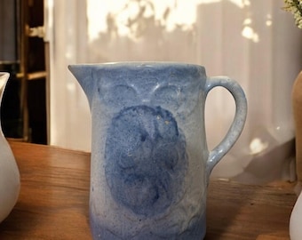 Antique English Pottery Pitcher Spongeware Blue & White Handpainted