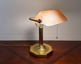 Vintage Brass Bankers Lamp with Pink Ribbed Glass Shade & Pull Chain