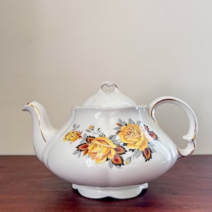 Vintage Ellgreave Ironstone Teapot • Made in England • Six Cup • Yellow Roses