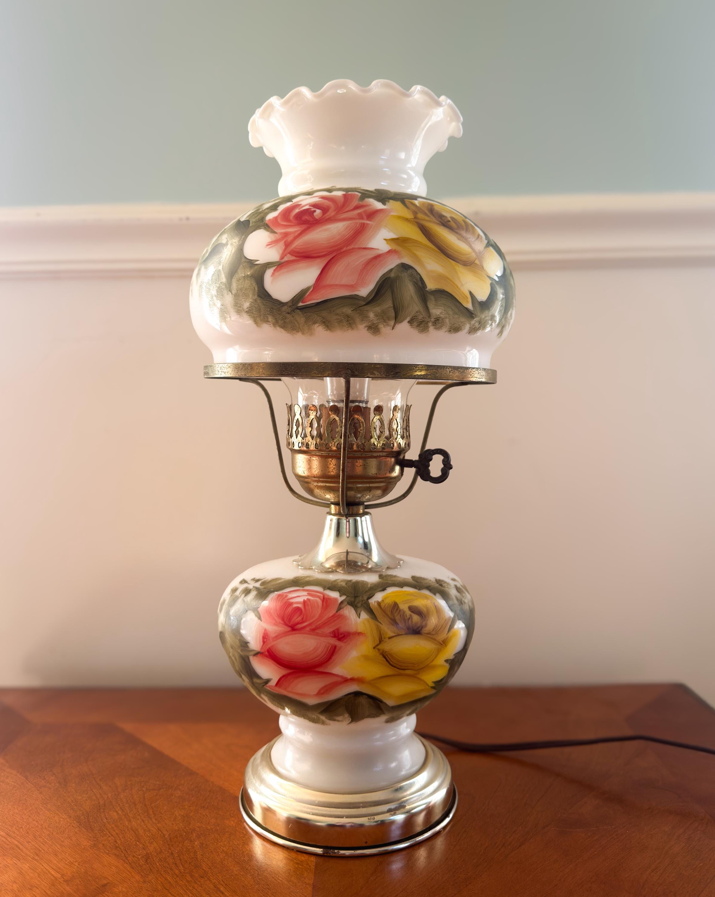 GWTW Hand Painted Milk Glass Hurricane Lamp | Pink & Yellow Roses