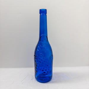 Vintage Cobalt Blue Glass Wine Bottle With Embossed Grapes “AM”