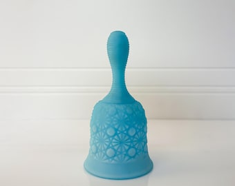 Blue Satin Glass Bell by Fenton, Daisy & Button Pattern, Original Clapper