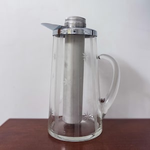 Vintage Gilley Chill-It Glass Pitcher with Chrome Lid • Etched Starburst Design with Stripes • 1950s • US Pat. 2734358