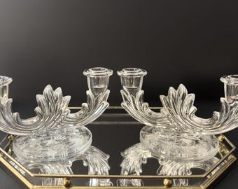 Fostoria 2496 "Baroque" Duo Candlesticks • Chintz Design Pair • Art Deco