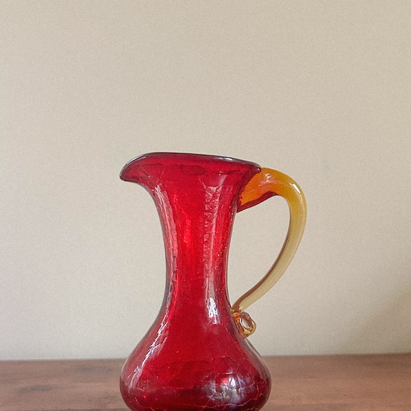 Vintage Kanawha Red Glass Crackle Pitcher 1960s