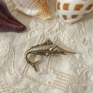 Vintage Marlin Brooch, Three Dimensional Goldtone Pin, Coastal Jewelry
