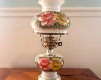 GWTW Hand Painted Milk Glass Hurricane Lamp | Pink & Yellow Roses