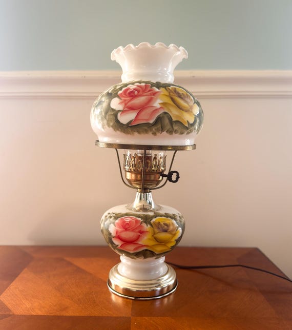 GWTW Hand Painted Milk Glass Hurricane Lamp | Pink & Yellow Roses