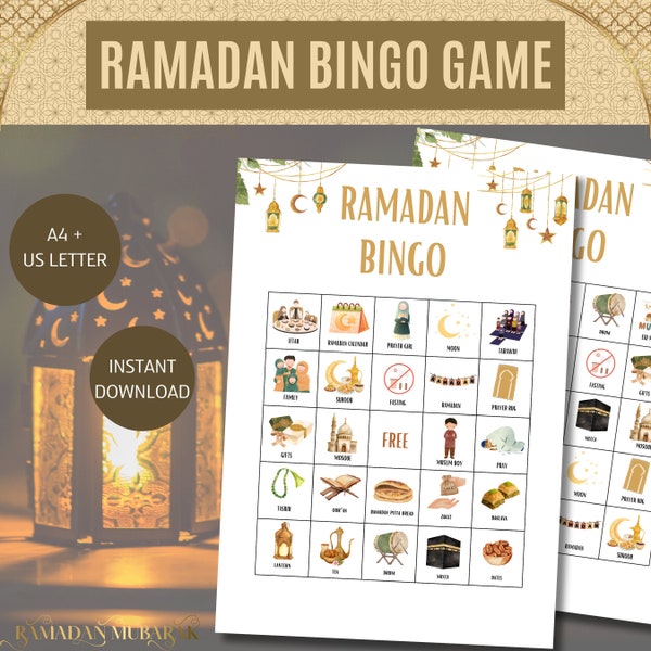 Juegos de Bingo de Ramadán - Tarjetas de Bingo Eid - Bingo imprimible, Juego de Bingo Eid - Tableros de Bingo de Ramadán - Fiesta de Ramadán - Eid Al Fitr