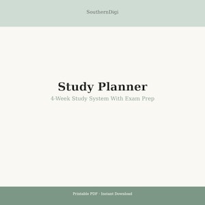 May include: A digital study planner document with a light green header and footer. The center features the text Study Planner and 4-Week Study System With Exam Prep in dark gray. The top displays SouthernDigi and the bottom says Printable PDF - Instant Download.