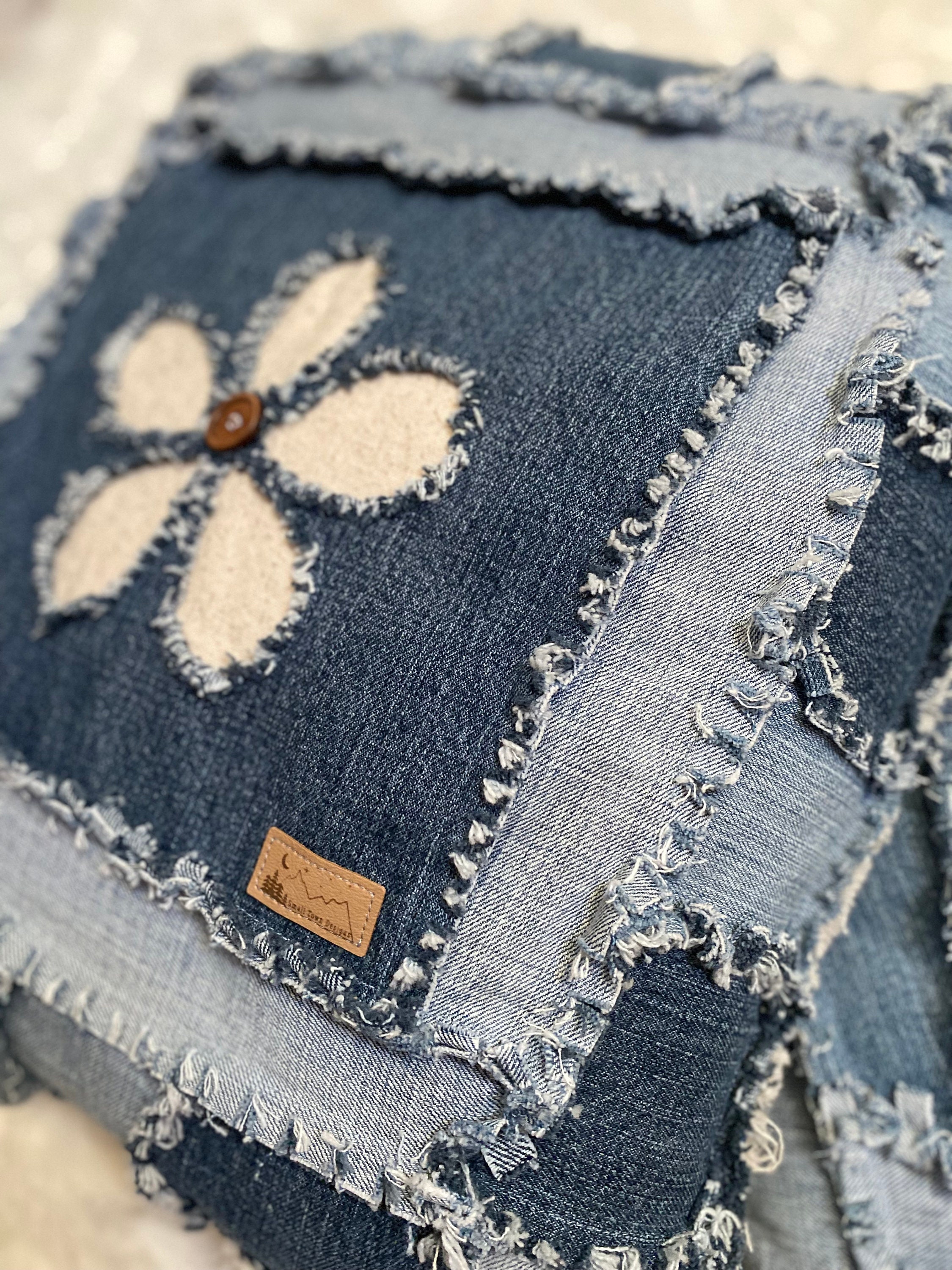 Upcycled Rag Upcycled Denim Rag Quilt Pillow: Rustic Farmhouse Floral Patchwork - Etsy