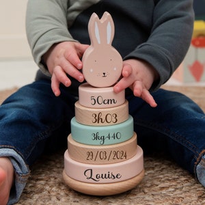 Trixie Personalized Birth Tower with Stacking Rings - Birth Gifts, Newborn Baby Gift, Wooden Baby Toy