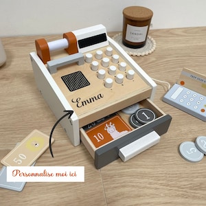 personalized children&#39;s cash register birthday gift for girls and boys wooden toy cashier