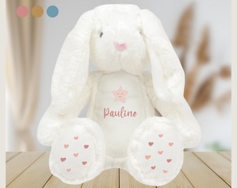 Peluche doudou lapin blanc personnalisé naissance prénom avec étoiles et coeurs