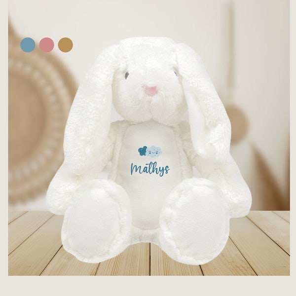 Peluche doudou lapin blanc personnalisé naissance prénom avec nuages