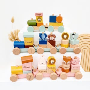 Tren apilable para bebés, Regalo personalizado para bebé, Regalo para bebé, Tren apilable con información de nacimiento, Juguete de madera