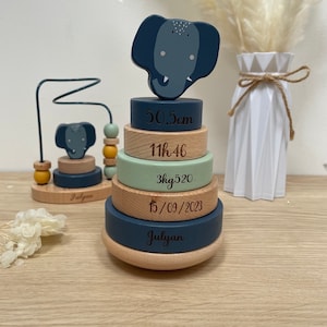 Personalized Birth Stacking Tower with Rings - Birth Gifts, Newborn Baby Gift, Wooden Baby Toy