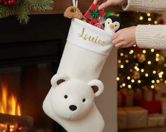 リネン製キツネ刺繍クリスマスストッキング 名前入りのクリスマスストッキング - トナカイまたはキツネ