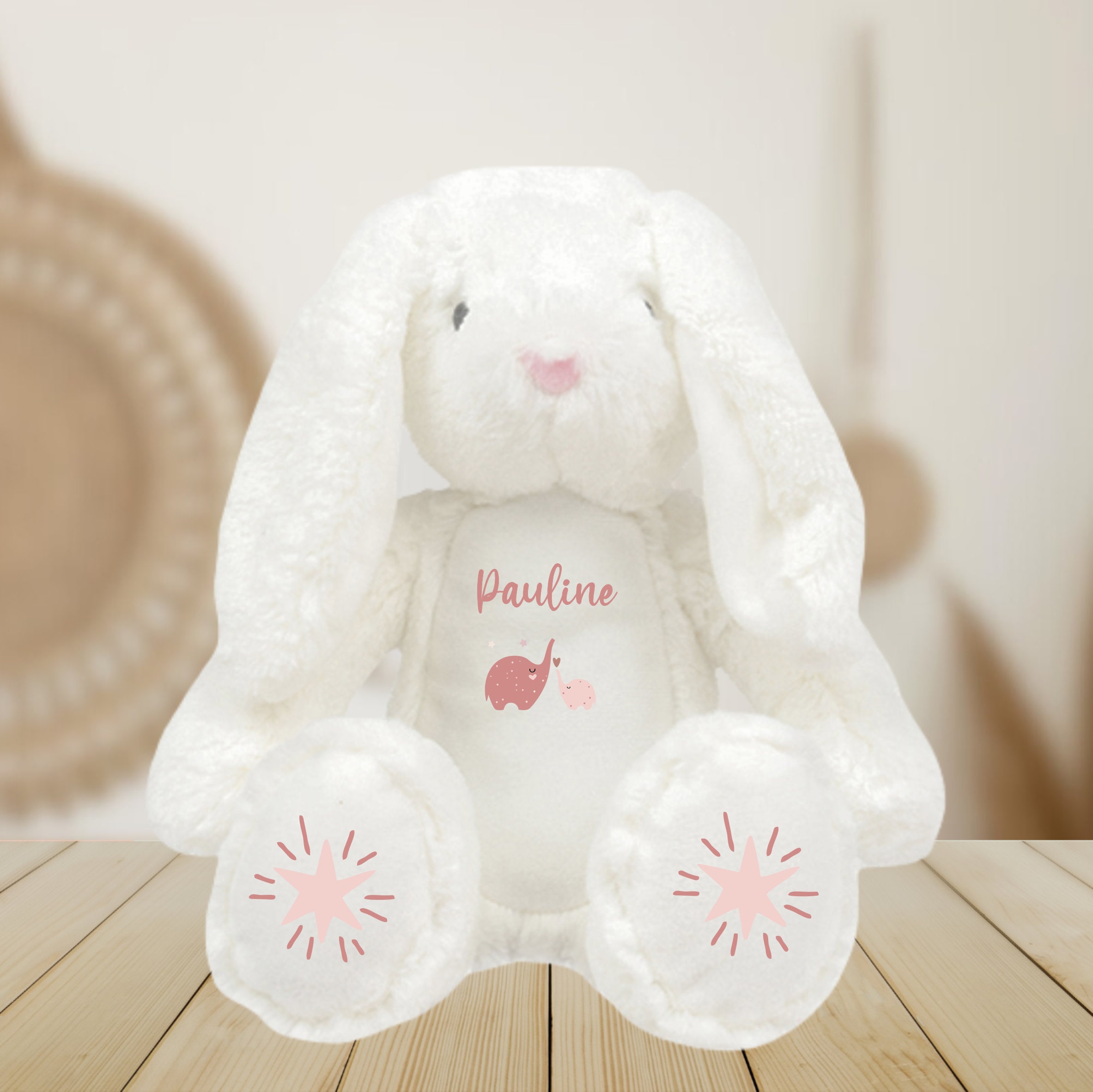 White Elephant Rabbit White Rabbit Cuddly Toy Personalized Birth First Name With Stars and ...