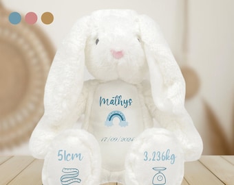 White rabbit cuddly toy personalized birth with first name, date, weight & size