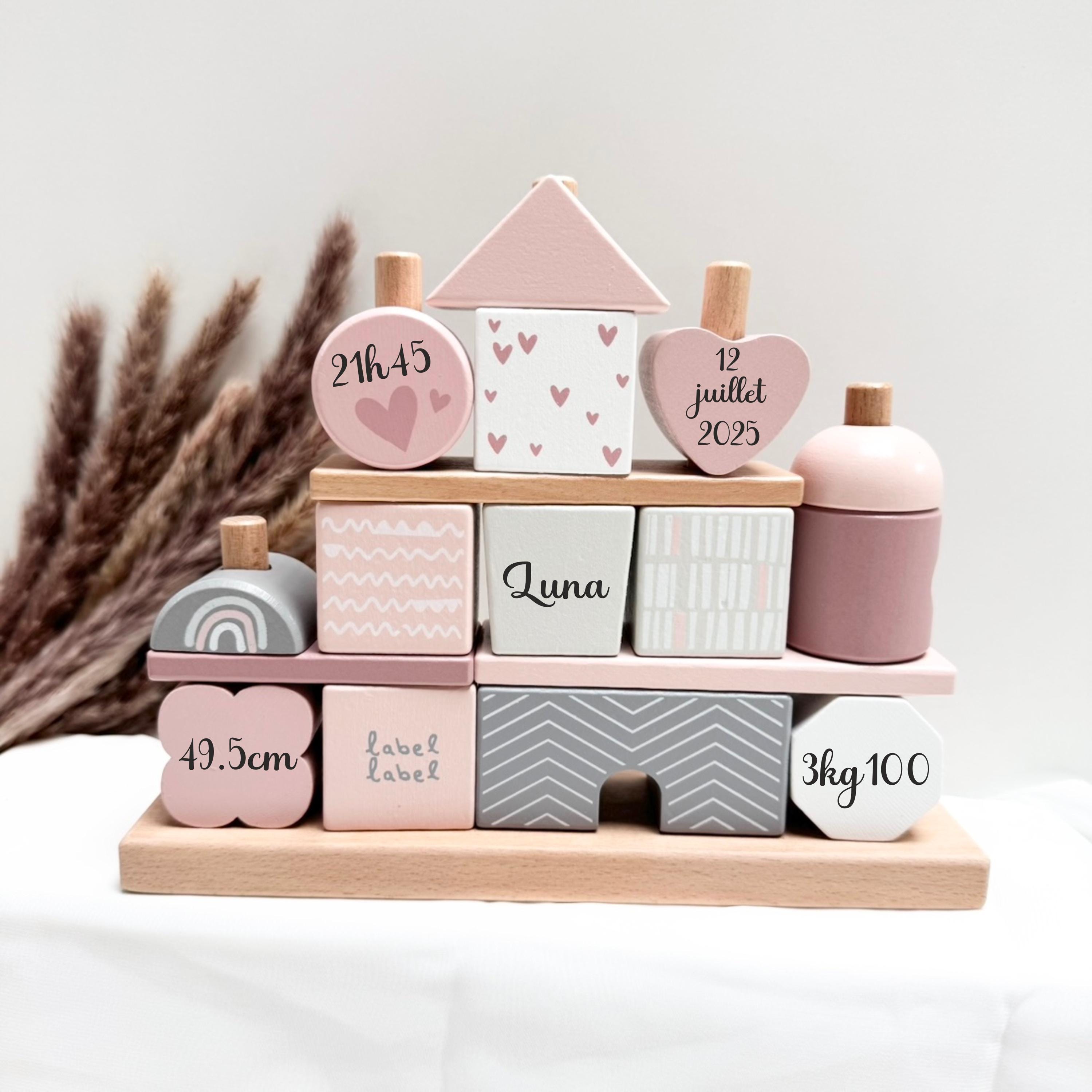 Tour D'empilage En Bois Personnalisable Avec Prénom Et Date De Naissance - Jeu éducatif Motricité Fine Pour Enfants Dès 12 Mois - Coloris Rose