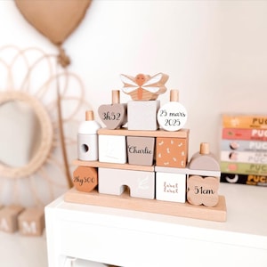 Personalized birth gift wooden cube house to stack - Children&#39;s toy, Baby gift, Personalized baby toy, Educational games