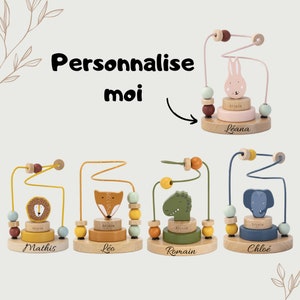 Personalized bead maze, wooden animal toy, 12 month old child's toy, baby gift, birth gift, motor skills toy.