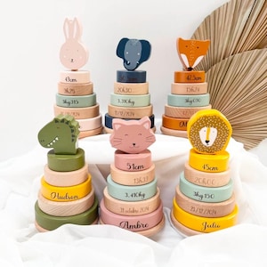 Birth gift personalized Trixie tower with rings - birth gifts, newborn baby gift, wooden baby toy, maternity gift