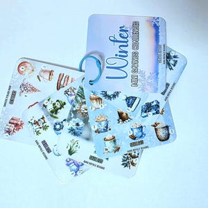 May include: A collection of winter-themed mini savings challenge cards. The cards display illustrations of snowmen, hot chocolate, and winter accessories. The main card reads "Winter Mini Savings Challenges". The cards are held together by a blue ring.