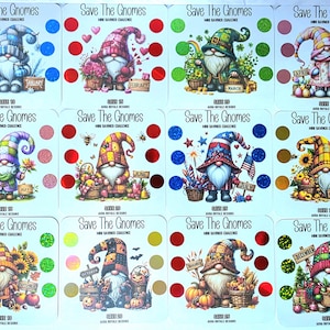 May include: Twelve cards with gnome illustrations, each representing a month. The cards have a white background with colourful gnomes, text, and scratch-off circles. The text "Save The Gnomes" and month names are visible.
