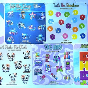 May include: A set of mini savings challenge cards with diverse themes. Designs feature a cube, marine life, rainbows, pandas, 90s-themed items, and a jigsaw puzzle. Each card is designed for a different savings target.