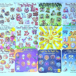 May include: Twelve sticker sheets with diverse themes such as "Cheers to the New Year," "I Love You Beary Much," and "Show Me The Bunny." Each sheet is filled with colourful illustrations and text, ideal for planners and crafts.