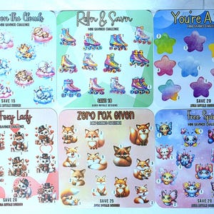 May include: Six mini savings challenge cards with different designs. The cards feature illustrations of clouds, roller skates, stars, foxes, and butterflies. Each card has a different savings goal, with text such as "Save 15" or "Save 20".