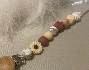 Pacifier clip, chain, marble, beige daisy.